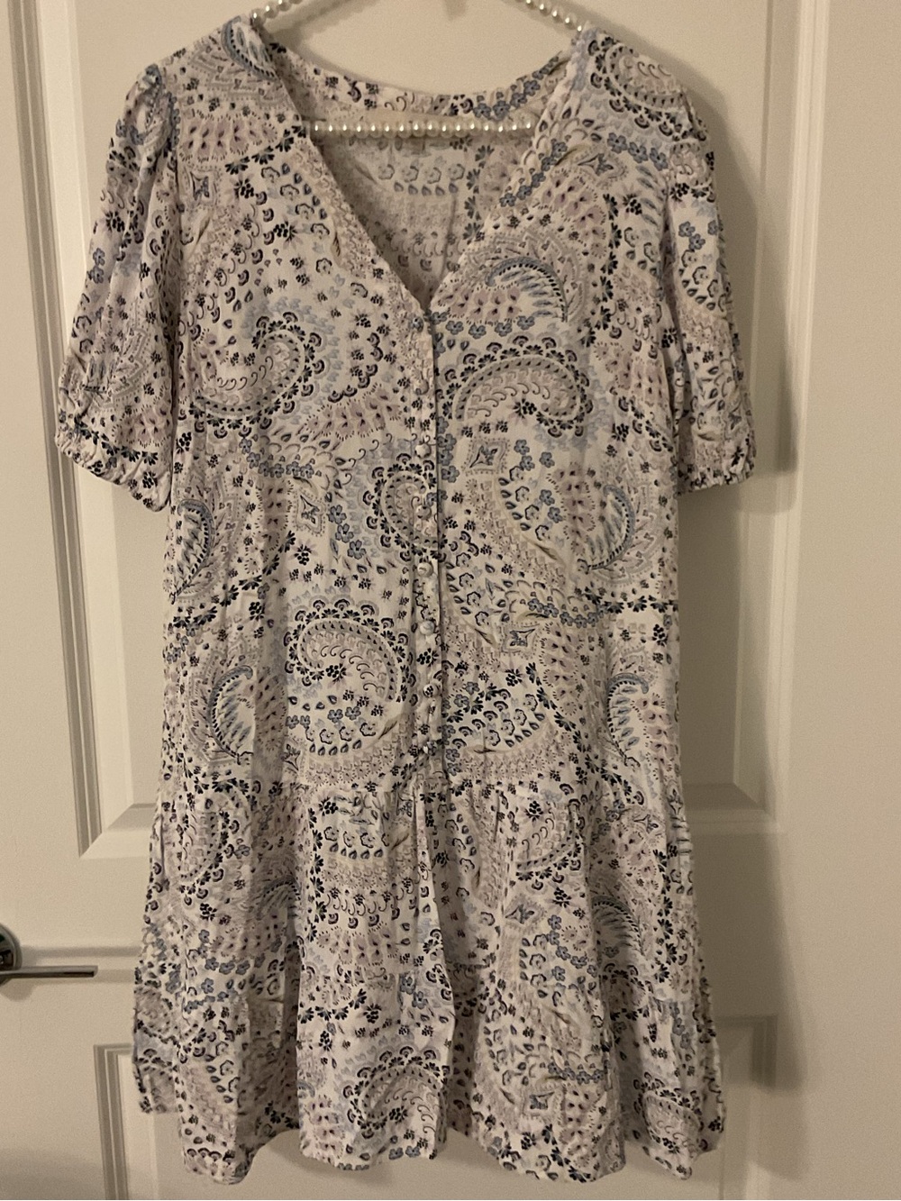 LOFT Cream Paisley Button-Front Dress with Blue and Pink Accents